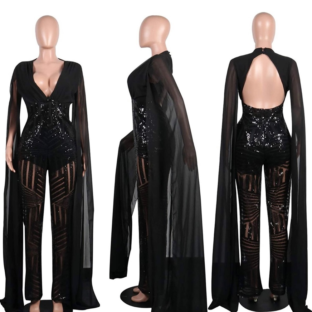 Sequin Jumpsuit With Split Dramatic Sleeves - image 4